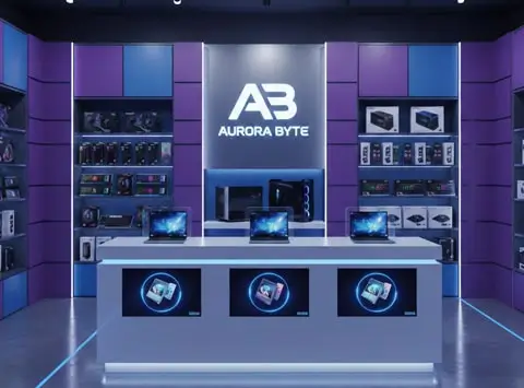 Computer shop brand-focused interior styling
