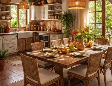 Cottage kitchen and dining spaces interiors